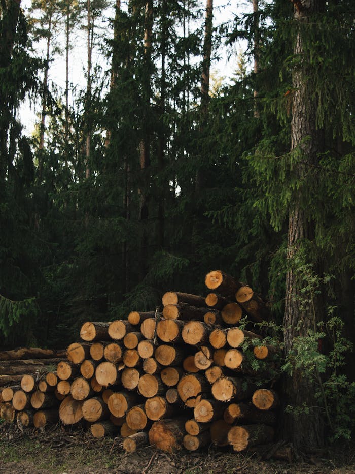 Pile of cut tree logs in a lush green forest. Ideal for nature themes.